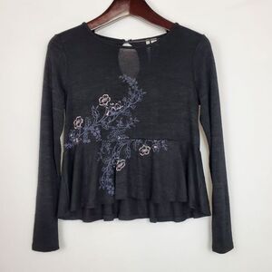 Lauren Conrad XS Black Embroidered Peplum Sweater